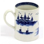A Worcester Porcelain Mug, circa 1770, painted in underglaze blue with the "Rock Strata Island"