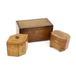 A George III Satinwood, Penwork and Marquetry Tea Caddy, of rectangular hexagonal form, decorated