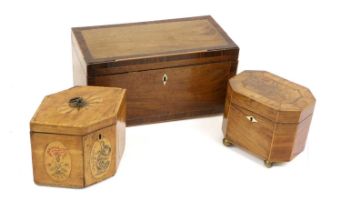 A George III Satinwood, Penwork and Marquetry Tea Caddy, of rectangular hexagonal form, decorated