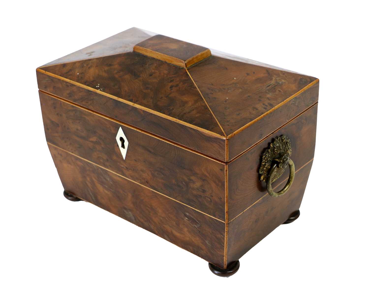 A Regency Burr Yewwood and Boxwood-Strung Tea Caddy, the hinged cover enclosing two lidded - Image 6 of 6