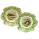 A Pair of Aynsley Porcelain Dishes, circa 1900, of gadrooned square form, painted by F. Micklewright