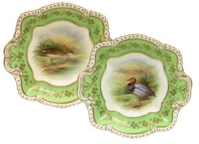 A Pair of Aynsley Porcelain Dishes, circa 1900, of gadrooned square form, painted by F. Micklewright