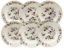 A Set of Six Chinese Porcelain Soup Plates, Qianlong, painted in famille rose enamels with cockerels