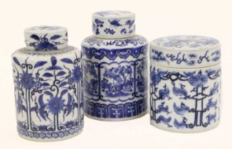 A Chinese Porcelain Tea Canister and Cover, Kangxi mark but 19th century, of cylindrical form,