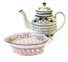 A Documentary Pearlware Teapot and Cover, dated 1798, with simple turned knop and reeded strap