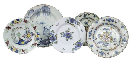 An English Delft Plate, circa 1760, Liverpool or Bristol, painted in the Fazakerley palette with