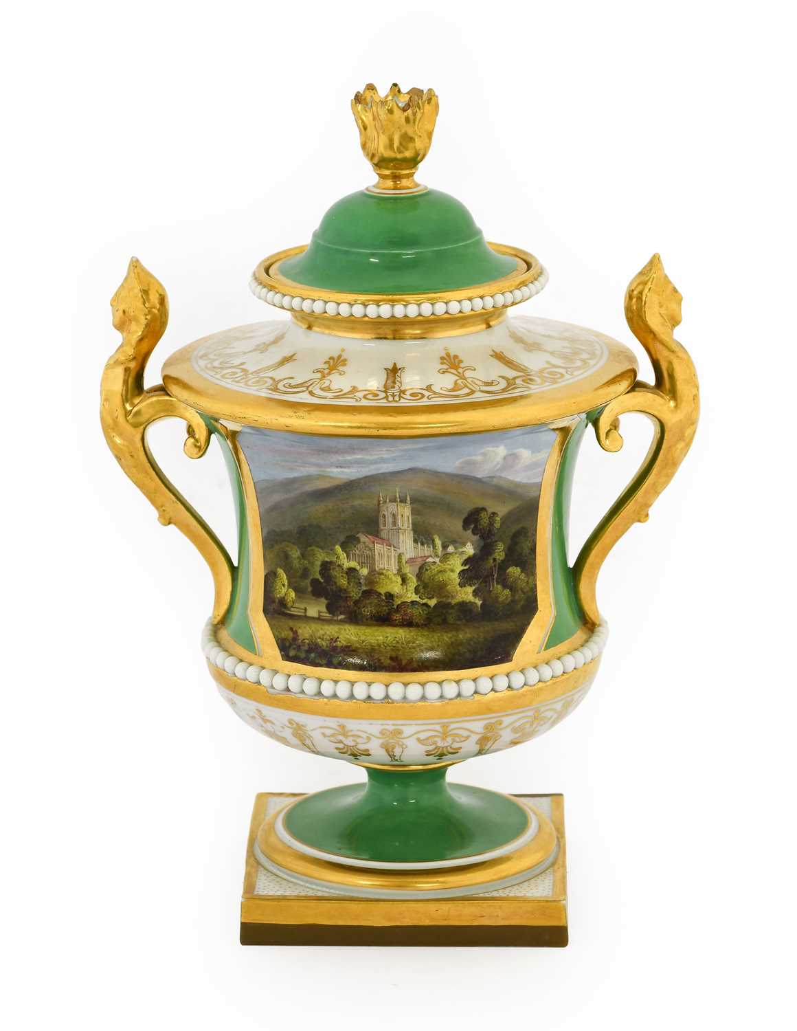 A Flight, Barr & Barr Worcester Porcelain Campana Vase and Cover, circa 1820, with flammiform finial