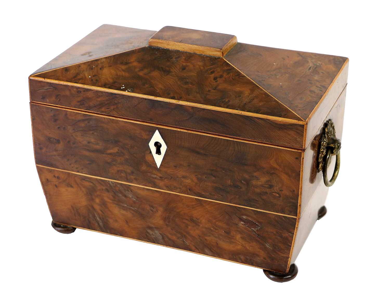 A Regency Burr Yewwood and Boxwood-Strung Tea Caddy, the hinged cover enclosing two lidded