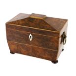 A Regency Burr Yewwood and Boxwood-Strung Tea Caddy, the hinged cover enclosing two lidded