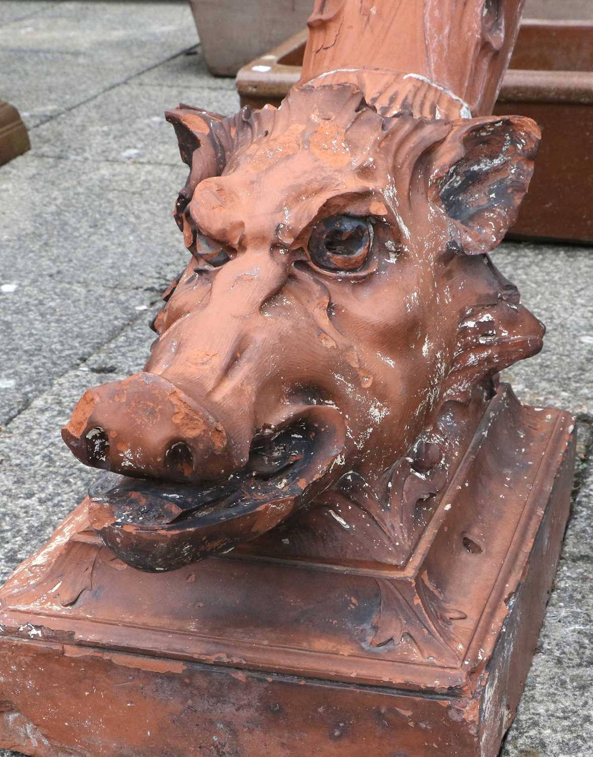 A Victorian Terracotta Garden Urn, late 19th century, as a boar's head issuing a cornucopia vase - Image 2 of 5