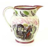 A Sunderland Lustre Pearlware Jug, circa 1800, printed and enamelled with Masonic emblems and