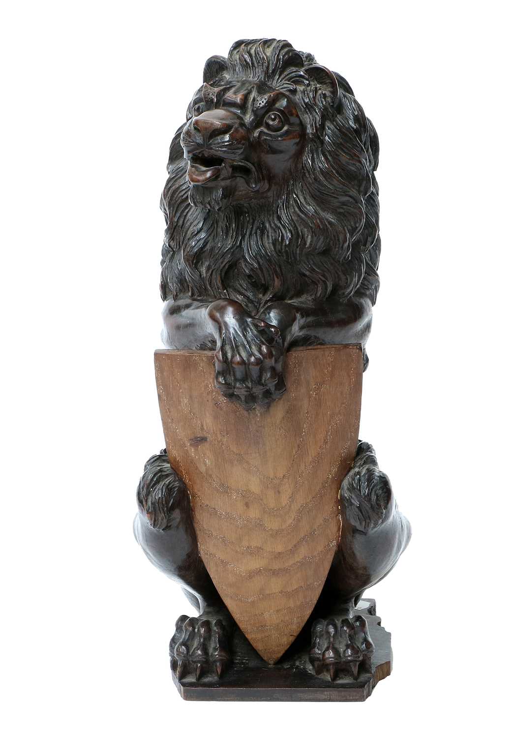 A Carved Oak Heraldic Lion, 18th century, possibly a newal post finial, modelled holding a vacant - Image 2 of 7