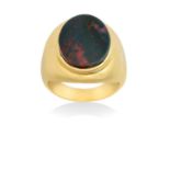 An 18 Carat Gold Bloodstone Signet Ring the oval bloodstone plaque in a yellow rubbed over