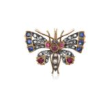 A Victorian Ruby, Sapphire, Diamond and Split Pearl Butterfly Brooch set throughout with round and