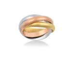 A Trinity Ring, by Cartier comprising of entwined yellow, rose and white bands finger size L1/2