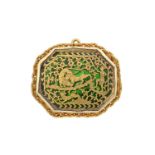 An Indian Pratapgarh Thewa Brooch the scene depicting animals and a hunter amongst leaves, in a