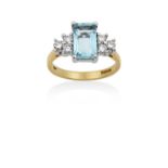An 18 Carat Gold Aquamarine and Diamond Ring the emerald-cut aquamarine flanked by trios of round