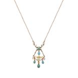 An Early 20th Century Turquoise, Split Pearl and Enamel Necklace the central cluster formed of a