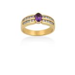 An Amethyst and Diamond Ring the oval cut amethyst in a half rubbed over setting, to double row