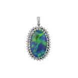 A Chinese Composite Opal and Diamond Pendant the oval cabochon composite opal within a double