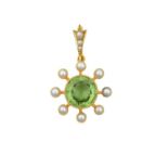 An Edwardian Peridot and Split Pearl Pendant the round cut peridot within a border of split