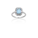 An Art Deco Style Aquamarine and Diamond Ring the emerald-cut aquamarine within a border of eight-