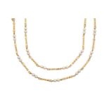 A 9 Carat Gold Cultured Pearl Necklace pairs of cultured pearls spaced by yellow rope twist bars