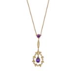 An Early 20th Century Amethyst Necklace the pear shaped frame set throughout with split pearls,