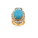 A Turquoise and Diamond Cluster Ring the oval cabochon turquoise within a stylised border of tapered