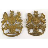 Two Royal Artillery Home Services Pattern Helmet Plates, in gilt metal, one with QVC and two