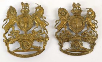 Two Royal Artillery Home Services Pattern Helmet Plates, in gilt metal, one with QVC and two