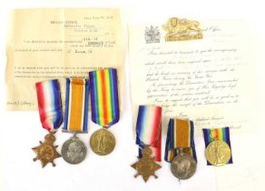 Two First World War Trios, each comprising 1914-15 Star, British War Medal and Victory Medal,