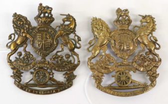 Two Victorian Royal Artillery Home Services Pattern Helmet Plates, in gilt metal , each with QVC,