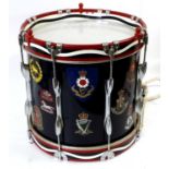 An Elizabeth II Military Style Side Drum by Premier, with dark blue wood carcass applied with