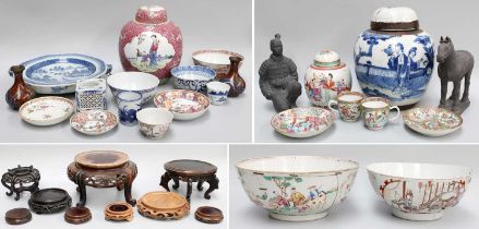 A Chinese Ginger Jar, two 18th century punch bowls, and other Chinese ceramics, etc (three trays)