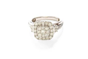 A 9 Carat White Gold Diamond Cluster Ring, the central raised cluster formed of round brilliant