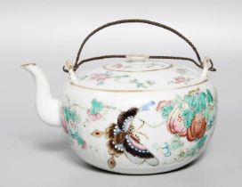 A Chinese Porcelain Teapot and Cover, 19th century, of compressed fluted globular form, painted in