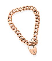 A Curb Link Bracelet, with a 9 carat gold heart shaped padlock clasp, length 19.2cm Gross weight