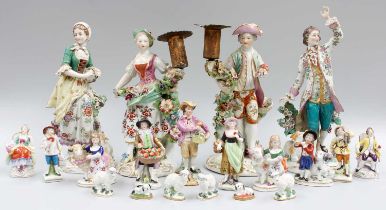 A Pair of Derby Porcelain Figural Candlesticks, circa 1770 (af), together with a pair of Samson-