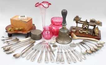 Silver Sovereign Case, other silver and silver plated flatware, scales, cranberry glass, etc