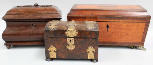 A Simulated Burr Wood Dome Top Tea Caddy, with engraved gilt metal strapwork, 18cm wide; together