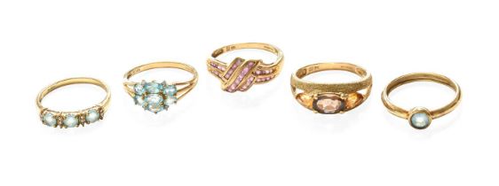 Five 9 Carat Gold Dress Rings, including a citrine and smoky quartz example, finger size S; three