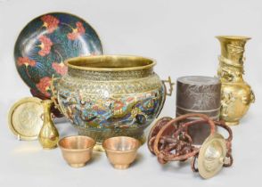 Assorted Chinese Metalwares, including a bronze planter with champleve enamel band, a similar dish