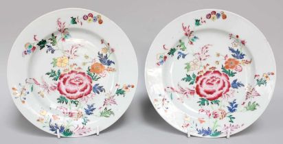 A Pair of Chinese Porcelain Plates, Qianlong, painted in famille rose enamels, with large peony