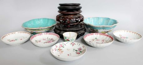 A Pair of Chinese Porcelain Saucers, Qianlong, painted in famille rose enamels, three similar