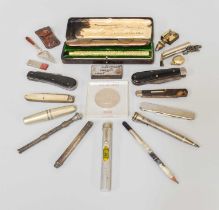 A Tray of Collectables, including assorted pocket knives, Rodgers "Bunny" knive, Swan fountain pen