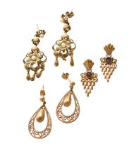 Three Pairs of 9 Carat Gold Drop Earrings, including an amethyst example and a cultured pearl