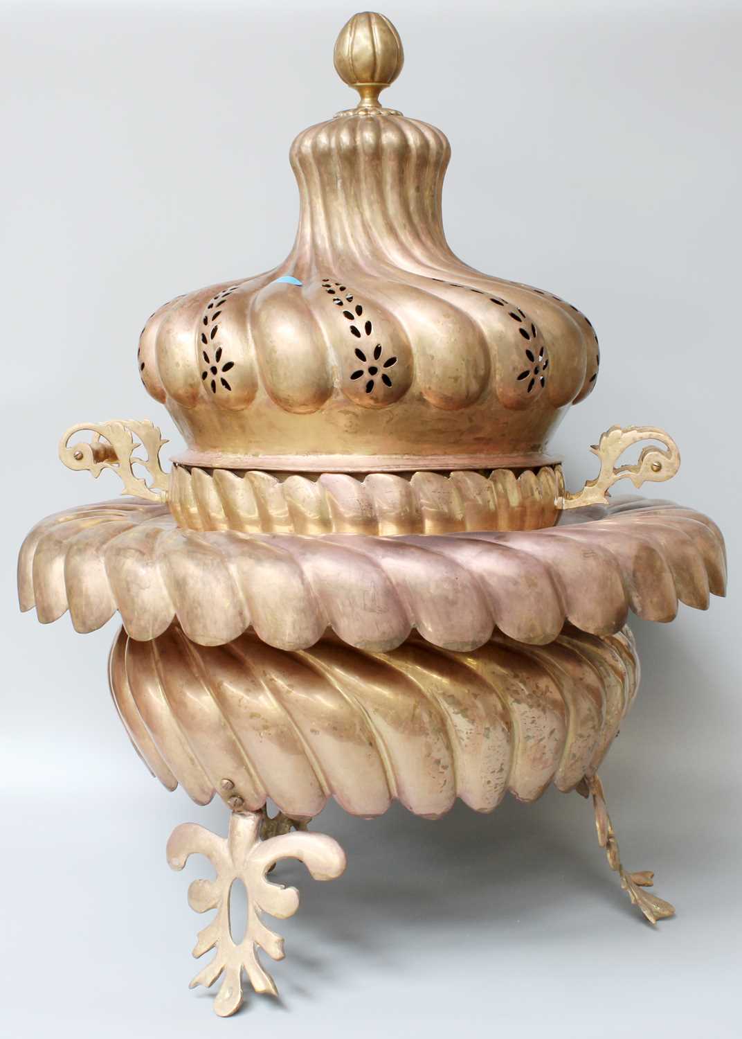 A 19th Century Style Pierced and Wrythen Metal Temple Censer, with twin handles and foliate feet, - Image 2 of 2