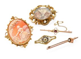 Five Brooches, comprising of a hair work example, a cameo example (a.f.), two bar brooches and a