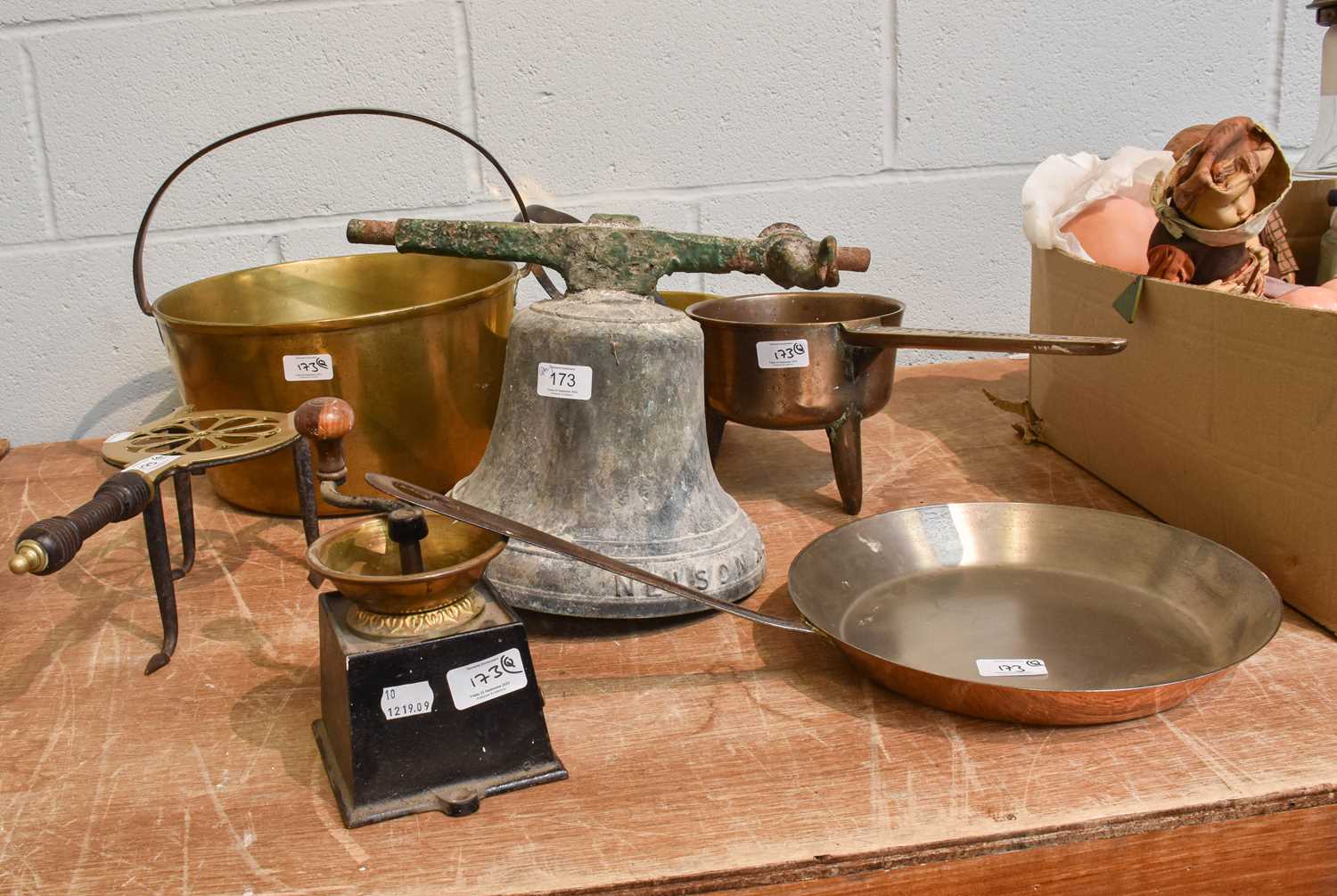 A Victorian Bronze Bell, makers Nelson & Son, Leeds, together with kitchenalia of similar date